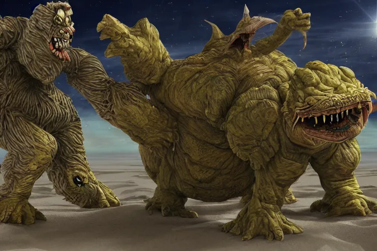 Prompt: photo, two old hairy fat ugly men! fighting alien monsters 4 0 1 2 6 on a beach, highly detailed, scary, intricate details, volumetric lighting, front view