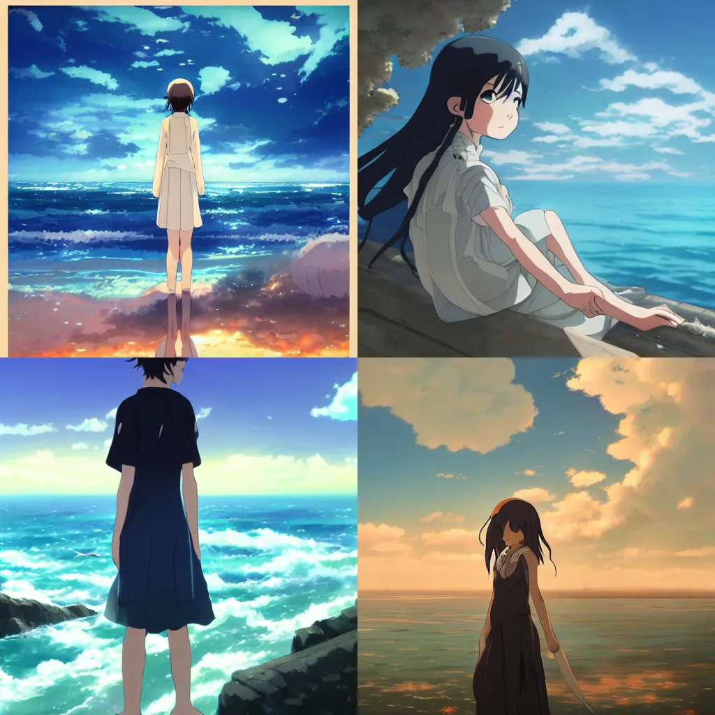 Prompt: sky, sea and maiden ， by makoto shinkai