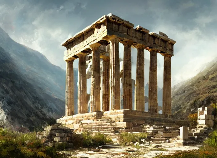 Prompt: An abandoned greek temple in mountains of Larissa, a fantasy digital painting by Greg Rutkowski and James Gurney, trending on Artstation, highly detailed