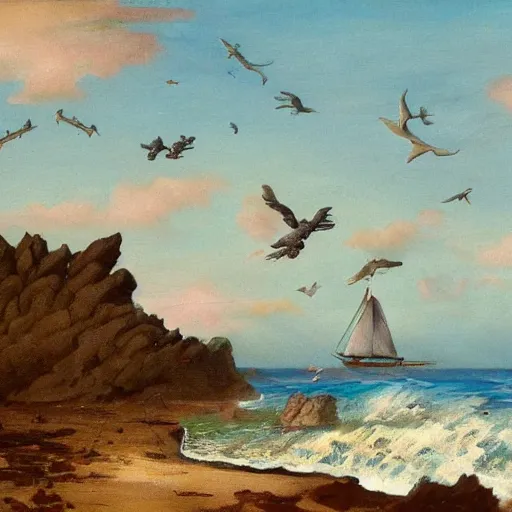 Prompt: A coast with sand and small rocks with a blue sky and a troubled sea and an old sailing ship on the horizon and in the sky is a flock of dinosaurs flying southwards, painted in oil colours