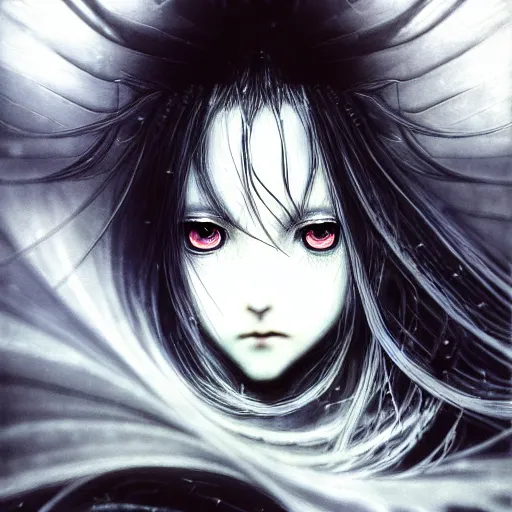 Image similar to yoshitaka amano blurred and dreamy realistic illustration of an anime girl with wavy white hair and cracks on her face wearing elden ring armour with the cape fluttering in the wind, abstract black and white patterns on the background, noisy film grain effect, highly detailed, renaissance oil painting, weird portrait angle