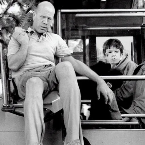 Prompt: bruce willis learning to fly in the back of a bus, realistic photograph, vintage