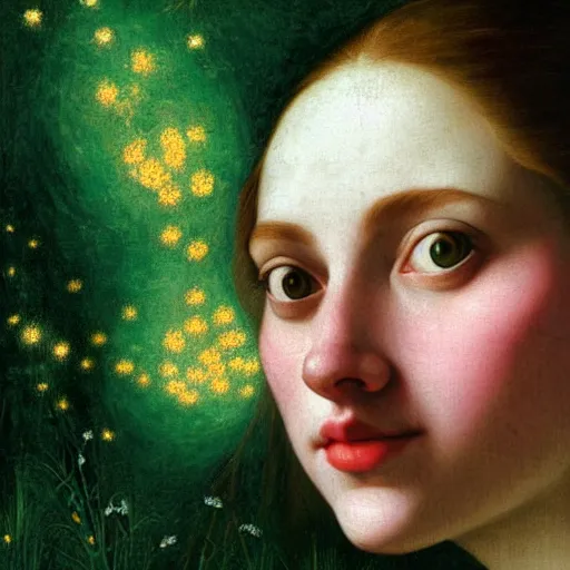Image similar to portrait of happy a young woman, among the lights of golden fireflies and nature, long loose red hair, intricate details, bright green eyes, freckles on the nose, round gentle face, romantic dress, deep focus, sharp, golden ratio, hyper realistic digital art by artemisia lomi gentileschi and caravaggio