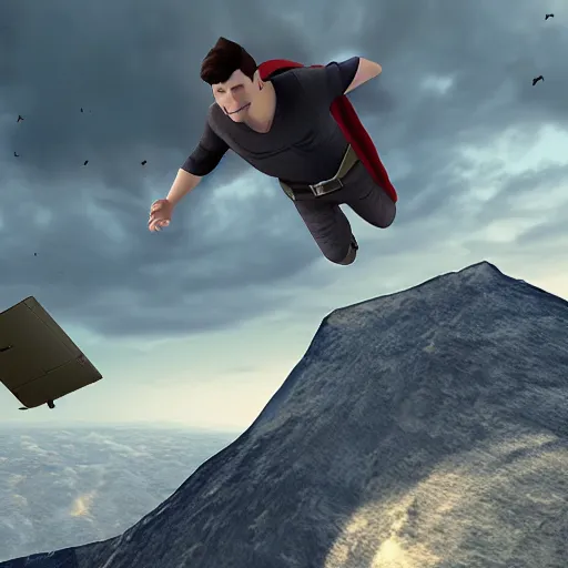 Image similar to developer hero with laptop flying to save the world, photorealistic, dramatic cinematic