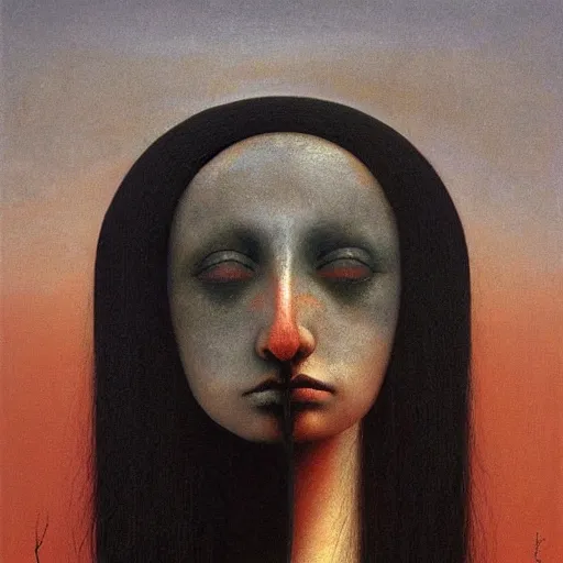 Image similar to young teen female with crow head , painting by Beksinski