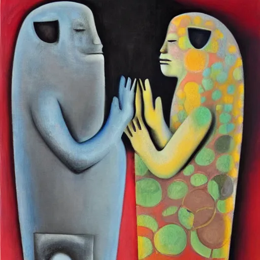 Prompt: Oil painting by Rufino Tamayo. Two mechanical gods with animal faces having a conversation. Oil painting by Lisa Yuskavage.