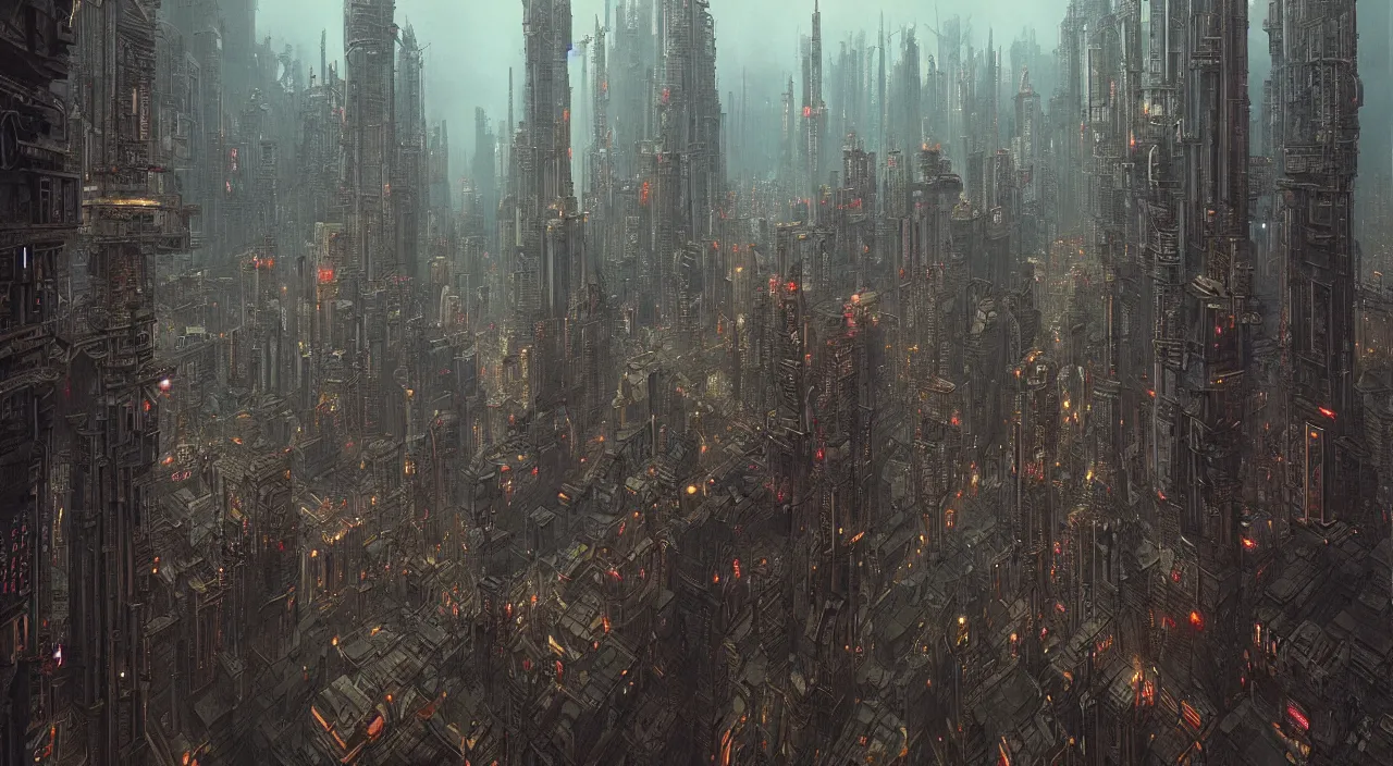 Prompt: cyberpunk city with renaissance architecture, cinematic lighting, hyper detailed, hyper realistic, in the style of beksinski