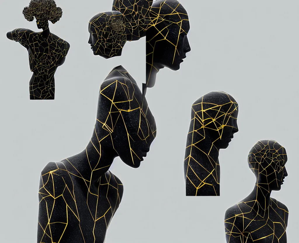 Image similar to beautiful mannequin sculpted out of onyx by billelis + lit with geometric neon printed lavender kintsugi + doorway opening to a new dimension with geometric fractal vaporwave light + flowering bonsai trees!!!!, transcendent, clean linework, dramatic, moody, finely detailed, 4 k, trending on artstation, award winning, photorealistic, volumetric lighting, octane render