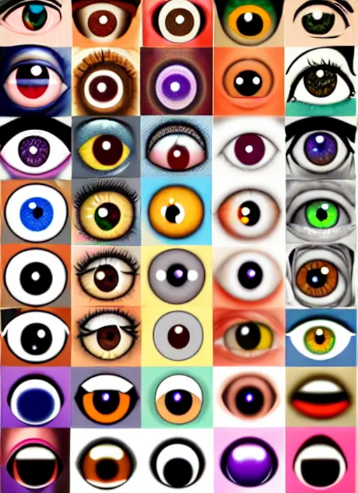 Prompt: diverse eyes!, centered dot pupils, round pupil, happy smiling human eyes, round iris, advanced art, art styles mix, from wikipedia, various eye shapes, eye relections