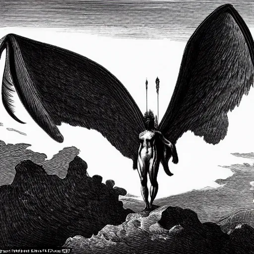 Prompt: a massive winged demon standing on top of a volcano, highly detailed, high contrast, in the style of Gustave Dore
