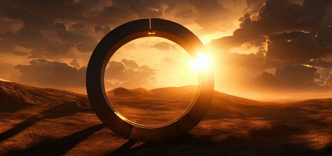 Prompt: stargate made of metal that form a circle and opens a portal to texas, cinematic view, epic sky highly detailed single ray of golden sunlight, beautiful, cgssociety, artstation, 8 k