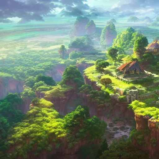 Image similar to beautiful render of forgotten kingdom with nearby village, by andreas rocha and makoto shinkai, green color, aerial photography, ultrawide lens, unreal engine, 4 k hd wallpaper : 2