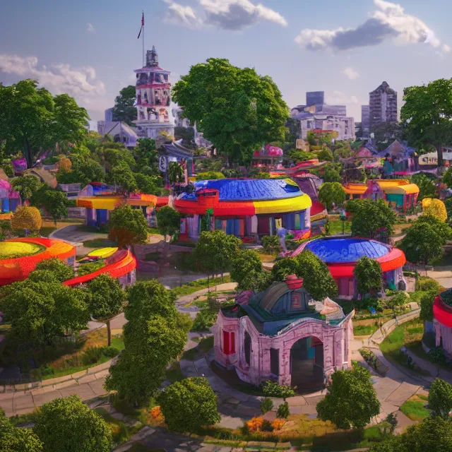 Prompt: colorful colonial city built in a ring around a giant maple tree, huge tree, cinematic, volumetric, realistic, cinematic lighting, ray tracing, unreal engine 5, octane render, hyper realistic, photo, 8 k