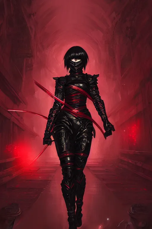 Image similar to portrait Ninja gaiden girl, armored black and red ninja wardrobe, in ruin japanese rainny temple night, ssci-fi and fantasy, intricate and very very beautiful and elegant, highly detailed, digital painting, artstation, concept art, smooth and sharp focus, illustration, art by tian zi and WLOP and alphonse mucha