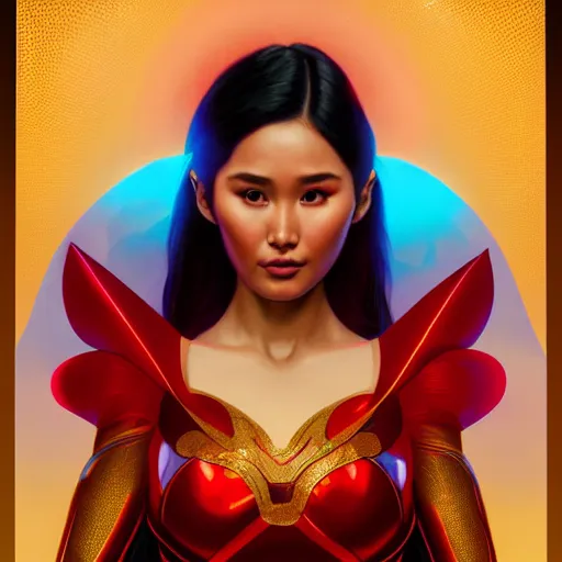 Image similar to heart evangelista as darna, volumetric lights, red and cyan theme, art nouveau botanicals, intricate, highly detailed, digital painting, artstation, concept art, smooth, sharp focus, cinematic, illustration, beautiful face, art by artgerm and greg rutkowski and alphonse mucha