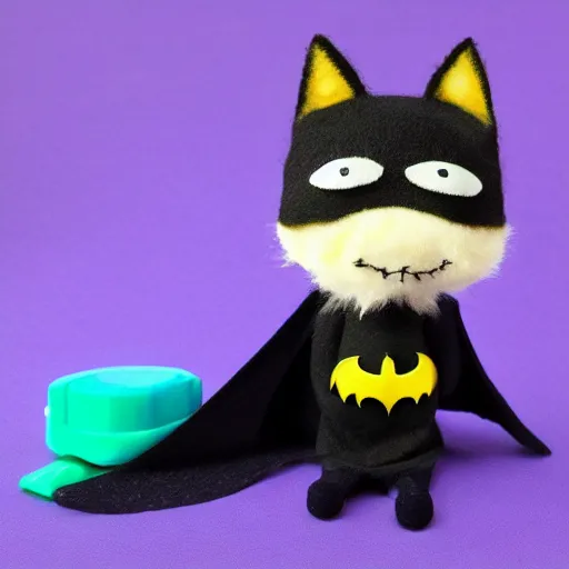 Image similar to cute sock puppet fox dressed as batman, kawai, wool, photorealistic, very detailed, eating crayons, 4 k
