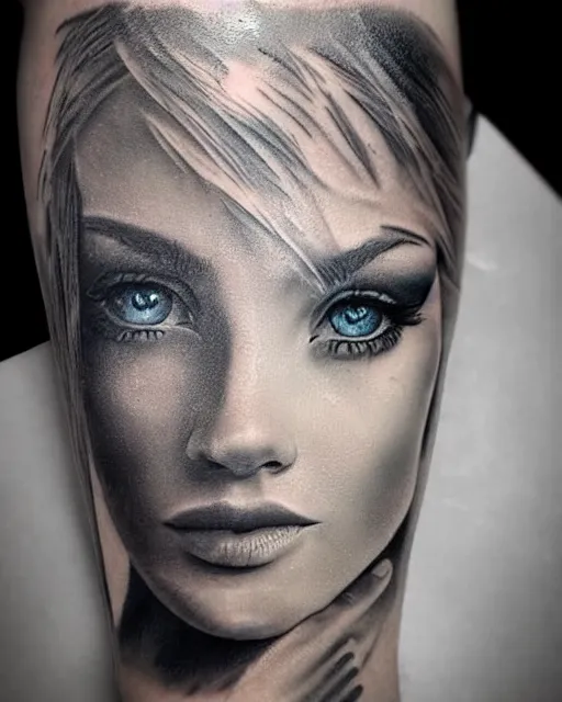 Image similar to tattoo design sketch of a beautiful blue - eyed woman face with a faded background of beautiful mountains on her side, hyper - realistic, in the style of den yakovlev, amazing detail, black and white