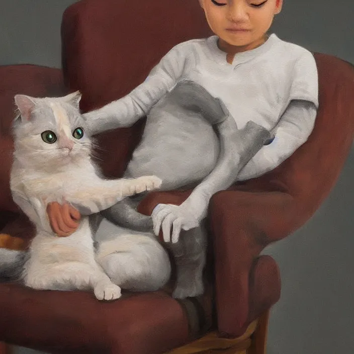 Prompt: a highly detailed painting of an animorphism cat sitting in chair petting a small bald human on his lap, 8k, trending on artstation