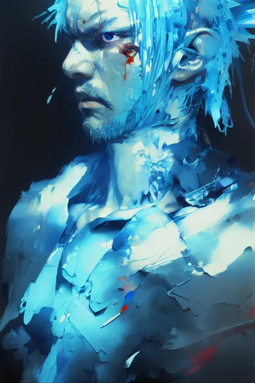 Image similar to gojo satoru, painting, beautifully glowing light blue eyes, collaborative artwork of greg ruthowski, yoji shinkawa, ruan jia, exquisitely high quality and detailed