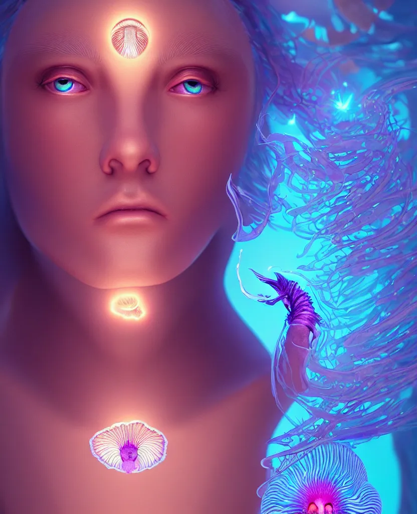 Image similar to goddess close-up portrait. orchid jellyfish phoenix head, nautilus, skull, betta fish, bioluminiscent creatures, intricate artwork by Tooth Wu and wlop and beeple. octane render, trending on artstation, greg rutkowski very coherent symmetrical artwork. cinematic, hyper realism, high detail, octane render, 8k