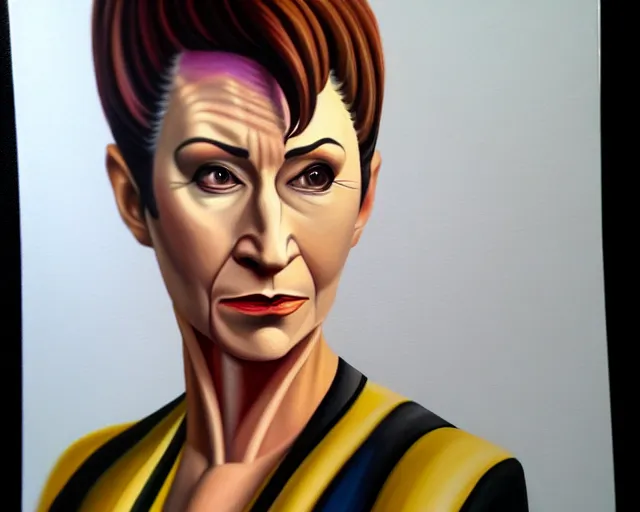 Image similar to hyper realistic painting of the bajoran kira nerys from star trek, three quarter shot, medium shot, f 1. 4, 3 5 mm