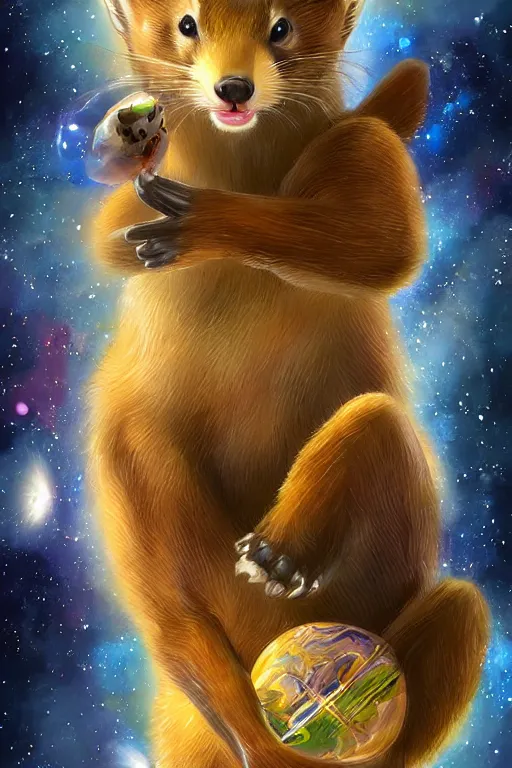 Prompt: giant pine marten in space holding a planet, digital art, trending on artstation, highly detailed, by Yoshitaka Amano