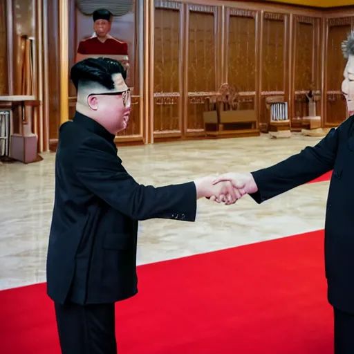 Prompt: a professional photograph of Bon Jovi shaking hands with Kim Jong-un in Pyongyang, 8k, dslr, cinematic,