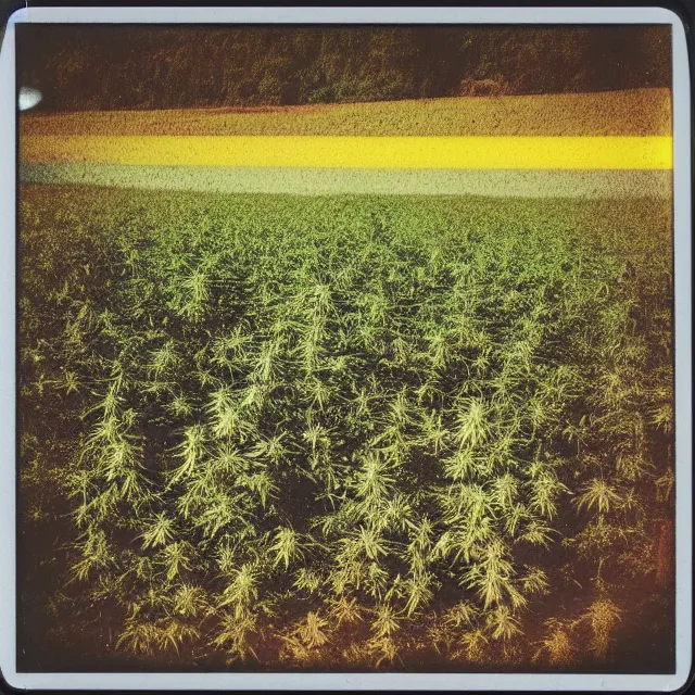 Prompt: very beautiful polaroid photo of a cannabis field near a pond on a clear day with a rainbow