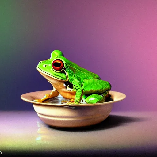 Image similar to long shot of a crazy cute frog baby sitting in a searose cup, by esao andrews, by m. w. kaluta, very humorous illustration, small depth of field, perspective perception, volumetric light, psychedelic colors, 3 d octane render, 8 k, conceptart, hyperdetailed, hyperrealistic, trending on artstation