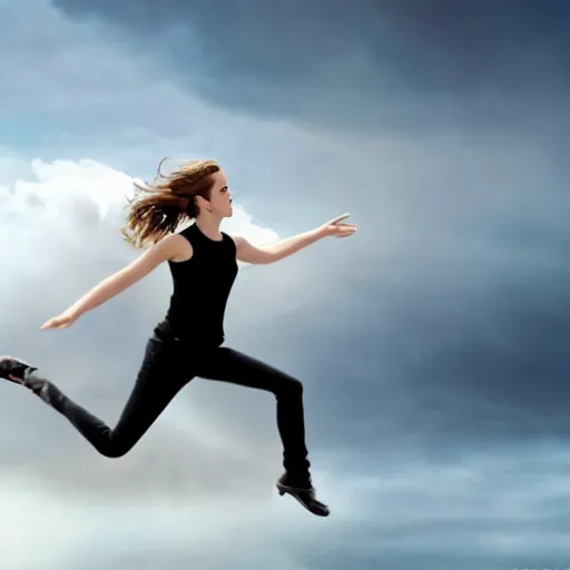 Image similar to Emma Watson flying in the clouds