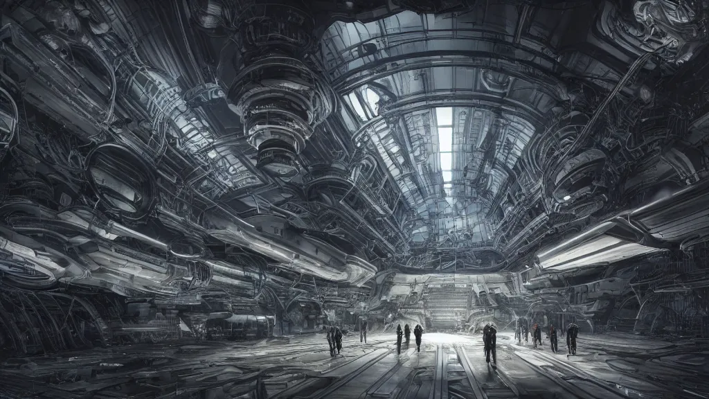 Image similar to a Photorealistic dramatic hyperrealistic,hyper detailed render of an Epic Sci-Fi, Gigantic Alien xenomorph spaceship inside huge interior hangar,intricate bio mechanical surface details in a top secret research facility,many tubes and cables hanging from the ceiling by Greg Rutkowski,Nicolas Bouvier,Sparth,ILM,Beautiful dynamic dramatic very dark moody contrast warm and cold lighting,Volumetric,Cinematic Atmosphere,Octane Render,Artstation,8k