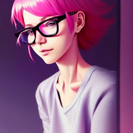 Prompt: beautiful girl with pink hair and glasses, sitting in her room, sharp focus, intricate, digital painting, artstation, official media, anime key visual, highly detailed, rich vivid colors ambient lighting, illustration, art by Artgerm, Makoto Shinkai, Ilya Kuvshinov, Lois Van Baarle and Rossdraws