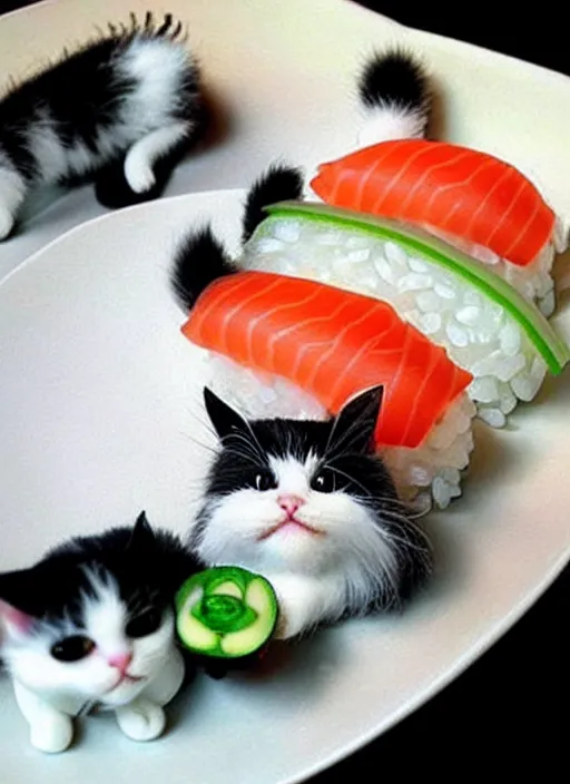 Image similar to clear photorealistic picture of adorable cats made out of sushi