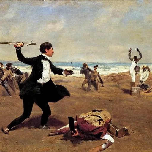 Prompt: actress rehearsing an action scene with revolver by alfred stevens