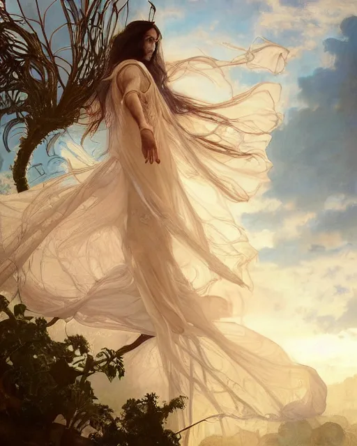 Image similar to a beautiful close up portrait of a sorceress floating on air with elegant looks, flowing robe, ornate and flowing, intricate and soft by ruan jia, tom bagshaw, alphonse mucha, krenz cushart, beautiful roman architectural ruins in the background, epic sky, vray render, artstation, deviantart, pinterest, 5 0 0 px models