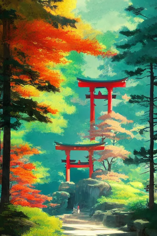 Prompt: Japanese Torii in a colorful moutain with COLORFUL trees ,morning , by studio ghibli painting, superior quality, masterpiece, by Grzegorz Rutkowski, concept art