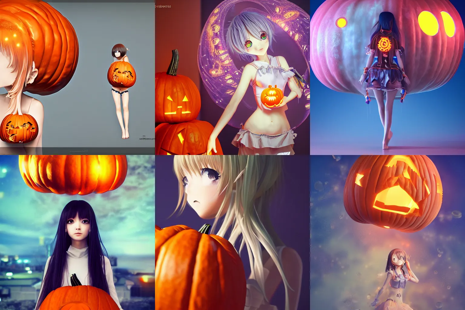 Prompt: intricate anime girl monogatari series wearing a pumpkin artwork jellyfish bio-mechanical bio-luminescence, octane render, trending on artstation, hyper realism, 8k, fractals, patterns