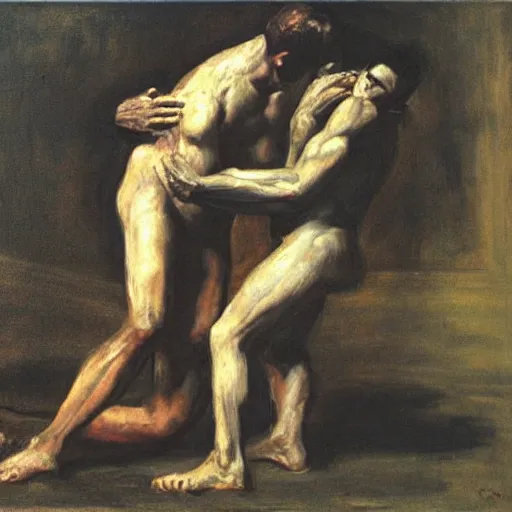 Image similar to 3 drunks fall over mud - wrestling,, oil painted ( ( ( ( ( ( by rodin ) ) ) ) ) )