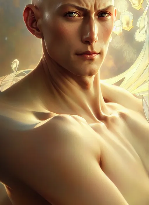 Image similar to ultra realistic illustration, handsome saitama, intricate, elegant, highly detailed, digital painting, artstation, concept art, smooth, sharp focus, illustration, art by artgerm and greg rutkowski and alphonse mucha and wlop