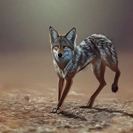 Prompt: “ skinwalker shapeshifter into a coyote in arizona, hyperrealistic ”