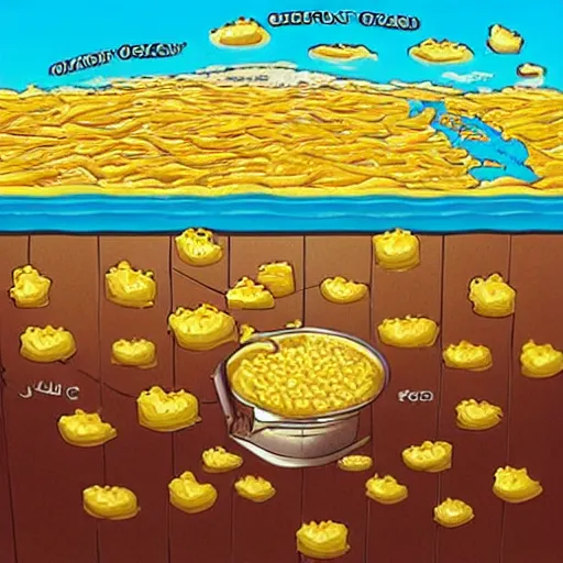 Prompt: On the flat earth, the oceans are prevented from falling off the edge by a giant wall made of macaroni and cheese. Photograph.