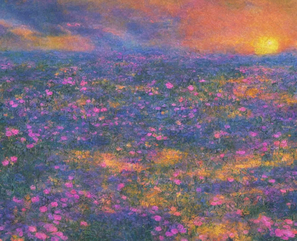 Image similar to a landscape pastel in the style of noriyoshi ohrai of a field of lotus flowers, glowing with iridescent mana, night time early dawn. key art. 4 k retrofuturistic fantasy