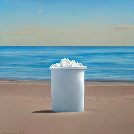 Prompt: an oil painting of a giant white styrofoam cup on the beach, the cup has red water unside of it, surrealism