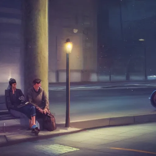 Prompt: a some people waiting in a lone bus stop in quiet dark city night, high quality, high resolution,detailed, digital painting, artstation, concept art, sharp focus, octane render, volumetric light, trending on Artstation, by James Jean, by Brian Froud, hyper realistic