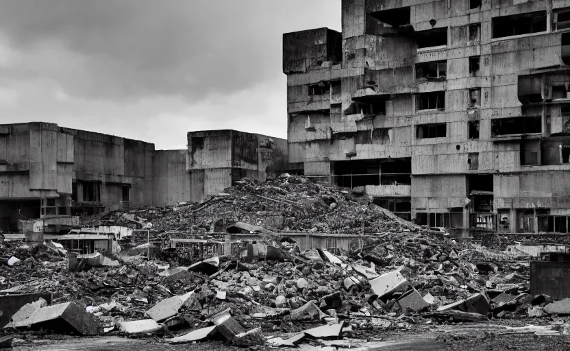 Prompt: a brutalist city, buildings with crumbling concrete and rubble strewn across the streets - H 1000
