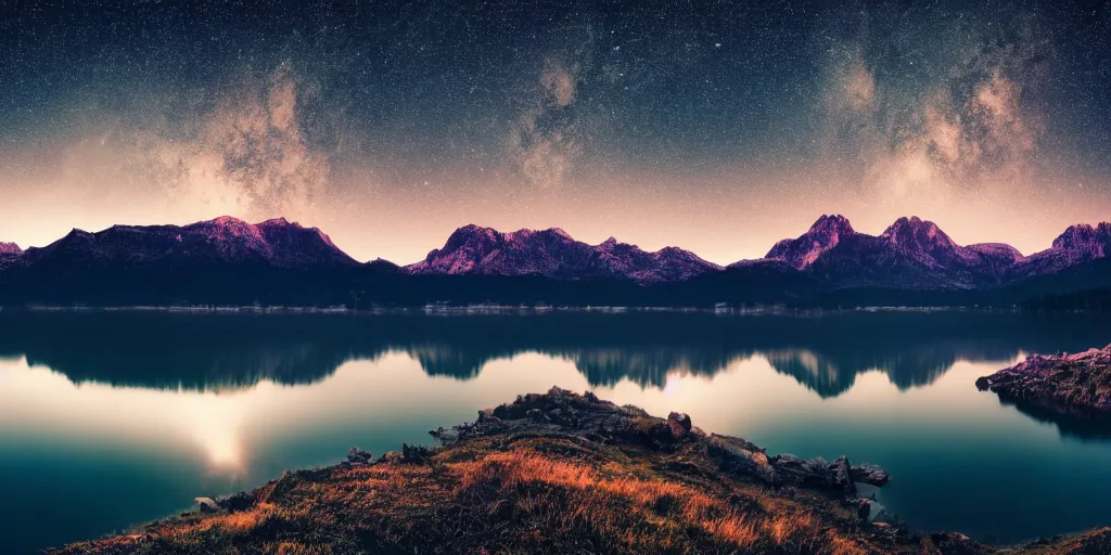 Prompt: photo of a lake at night with bright stars with mountains in the background, landscape, beautiful, elegant, award winning photograph, highly detailed, high resolution photo, cinematic lighting, trending on artstation, 8 k