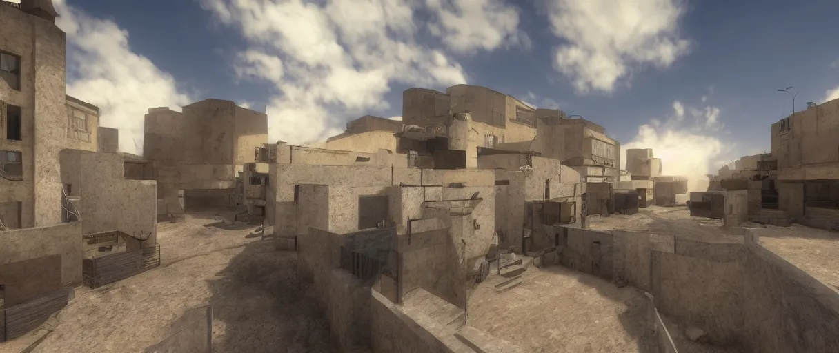 Image similar to a wide shot of dust 2 from Counter Strike: Global Offensive, beautiful, stunning, serene, volumetric light, volumetric clouds, photography, color, intricate, extremely detailed, photorealistic, unreal engine 5