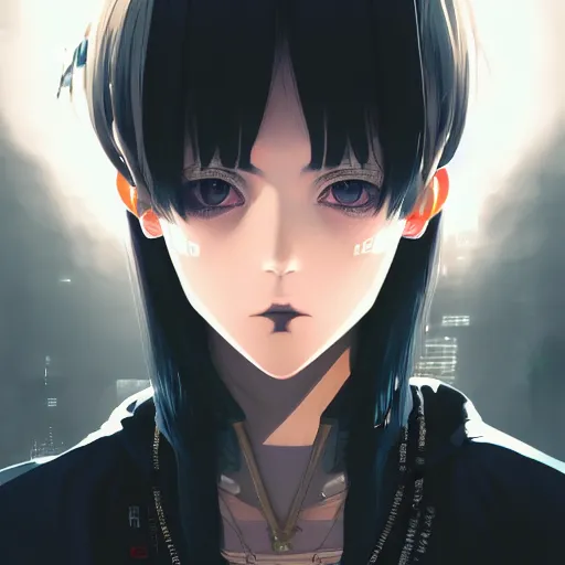 Image similar to by kyoto animation, cool girl wearing cyberpunk intricate streetwear, beautiful, detailed symmetrical close up portrait, intricate complexity, in the style of artgerm and ilya kuvshinov, cell shaded, 4 k, concept art, by wlop, krenz cushart, greg rutkowski, pixiv. cinematic dramatic atmosphere, cinematic lighting, studio quality