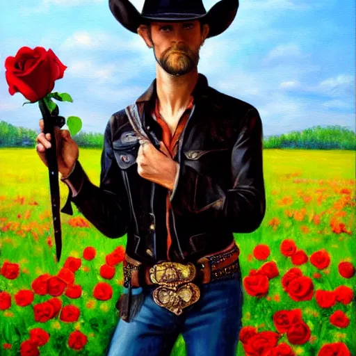 Image similar to a painting of a tall man with blue eyes that is wearing a cowboy hat and a leather vest. He is holding a revolver in his left hand and a rose is in his right hand. He is standing in a field of roses.