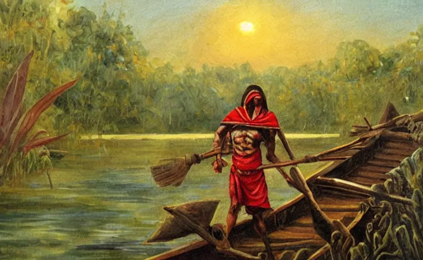 Prompt: an aztec cultist on a boat in the swamp in the style of romanticism, oil painting